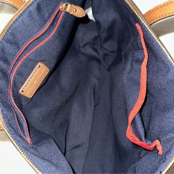 TH Ivory Coral Pink Brown Canvas Stripe Faux Leather Trim Medium Tote Handbag - Picture 8 of 15